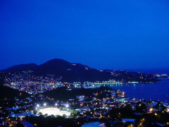 Night lights, ball field, and cruise ship port in downtown Charlotte Amalie.