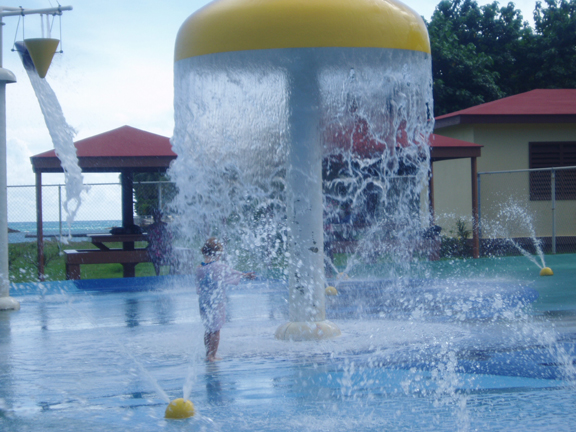 A salt-water, water park pumps ocean water for kids to cool off.